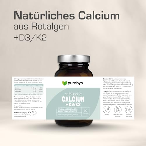 Calcium mit Vitamin D3/K2 | im Glas | Hochdosiert 640 mg | Aquamin natural Calcium aus Rotalgen | natürliches Kalzium | Calcium hochdosiert | vegan, laborgeprüft und in Deutschland hergestellt