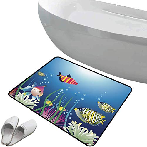 Alfombra de baño Antideslizante Acuario Suave Antideslizante Acuario Marino con Coloridos Peces Tropicales Burbujas Algas Marinas Tema Decorativo,Azul Rosa Verde para Ducha Felpudo Dormitorio Sala de