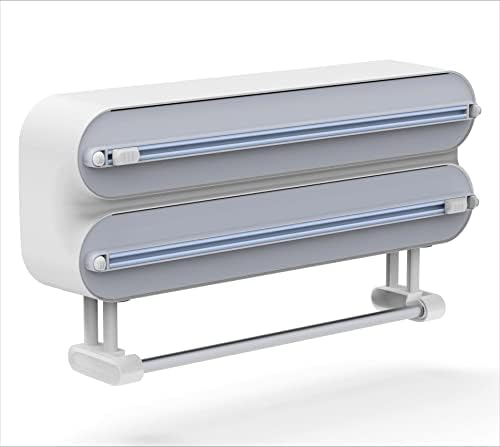 Magnetic Cling Film Dispenser and Cutter - Upgraded 3 in 1 Kitchen Roll Holder Wall Mounted, Quasziwa Refillable Cling Wrap Aluminum Tin Foil dispenser with Paper Towel Holder - Fits 12" Roll (White)