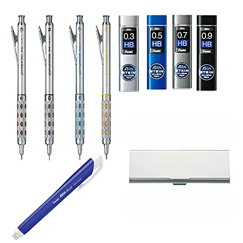 Graph Gear 1000 Four Graphgear 1000 Mechanical Pencil Set- 0. 3mm, 0. 5mm, 0. 7mm & 0. 9mm / Four Rerill Leads/Pen-type Triangle Eraser/Pencase, Silver