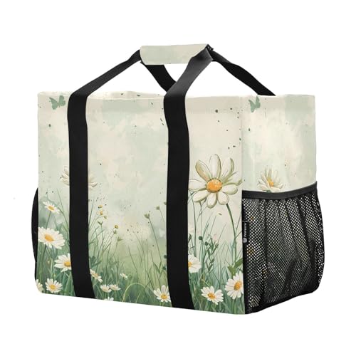 Vintage Spring Daisies Reusable Grocery Bags Large Tote Bag Waterproof Canvas Organizer for Beach Picnic Laundry Travel2