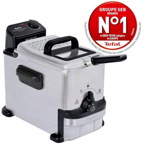 Tefal Oleoclean Compact, 2L Oil Capacity, Patented Filtration System, Easy to Clean, 0.8kg, 3 Portions, 1600W, Stainless Steel with Removable Grey Oil Box - FR701640