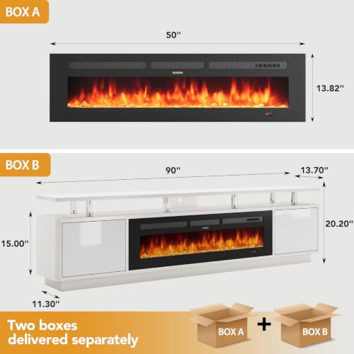 MXV 90" Fireplace TV Stand for Living Room, 50" Electric Fireplace with Adjustable Flames & Double LED Lights, Remote Control, Storage Cabinet with High Gloss Board, Fits TVs Up to 100", White & Black by MXV - Used condition - Image 2