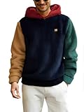 Verdusa Men's Color Block Fuzzy Fleece Hooded Sweatshirt Long Sleeve Pullover Hoodies Blue and Green Medium