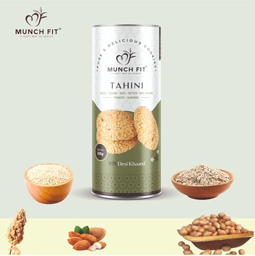 Image of Munch Fit Jowar Sesame Oats Tahini Cookies | Egg Less Cookies Made with Desi Khand 125gm Pack of 2 | Healthy Multigrain Cookies | High Protein, Fiber Gluten Free | Natural Snack for Tea, Coffee & Kids