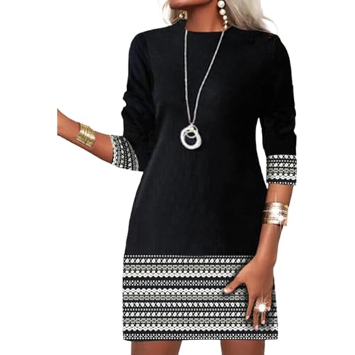 Women's Classy Black and White Aztec Print Trim Dress 2025 Summer Casual Round Neck Long Sleeve Semi Formal Mini Dresses