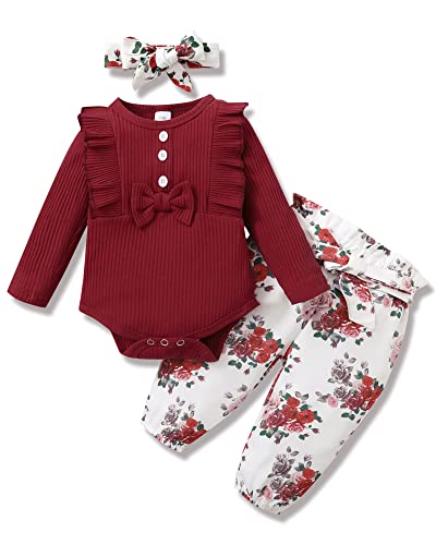 Newborn Baby Girl Clothes Infant Ruffle Romper with Cute Headband + Pants Outfits 3pcs Toddler Girls Clothe Set Wine Red