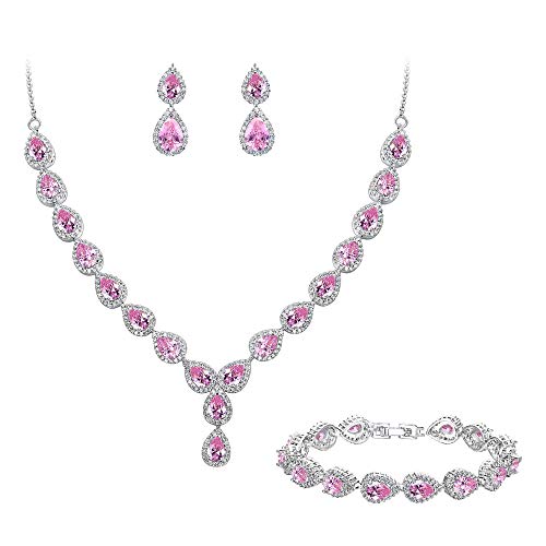 BriLove Wedding Bridal CZ Necklace Bracelet Earrings Jewelry Set for Women Teardrop Infinity Figure 8 Y-Necklace Tennis Bracelet Dangle Earrings Set Pink Tourmaline Color Silver-Tone