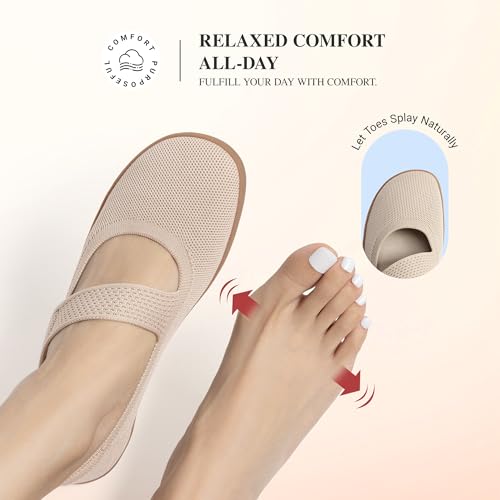 DREAM PAIRS Damskie baleriny Mary Jane Barefoot Knit Wide Toe Box Arch Support Płaskie buty dla kobiet szykowne na co dzień biuro biznes praca podróż spacer, CIELISTY, 37 EU