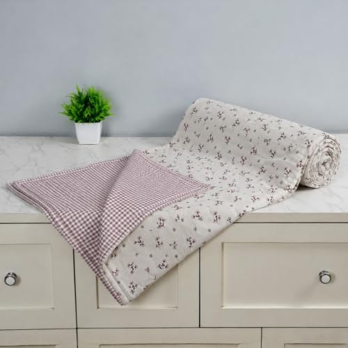 Image of Florida Reversible Cotton Dohar - Single Size (220x160 cm, 90 GSM, Pink Floral & Check Pattern), Soft & Lightweight Blanket for All Seasons, Breathable & Skin‑Friendly Fabric