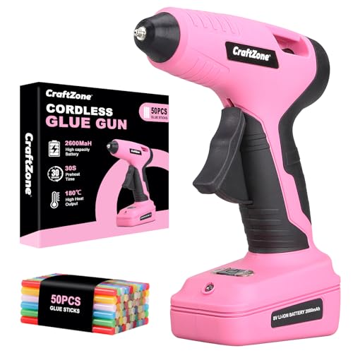 Cordless Hot Glue Gun | 8V Rechargeable Fast Preheating Glue Gun Kit with 50pcs Colorful Glue Sticks | Cordless & Rechargeable Glue Gun with Charger for DIY Art Craft Projects | Pink
