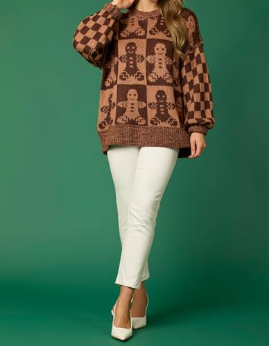 Women Checkered Holiday Oversized Sweater Cute Plaid Print Crewneck Sweatshirt Y2k Knit Puff Sleeve Chunky Jumpers2