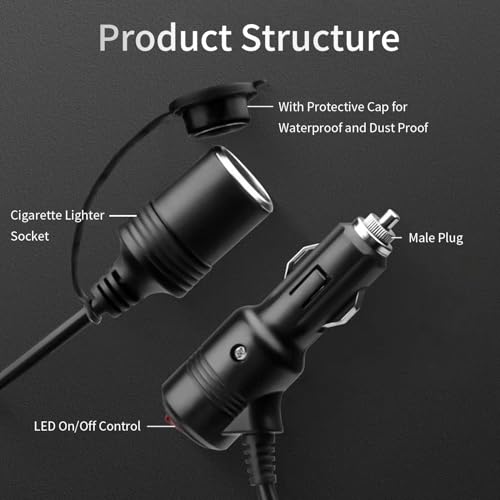 KFZ Verlängerungskabel 12V, Zigarettenanzünder Verlängerung mit geschaltetem Stecker und Buchse, Sicherung für 12V/24V Strom Camping Kühlbox Auto,etc.5M,Schwarz