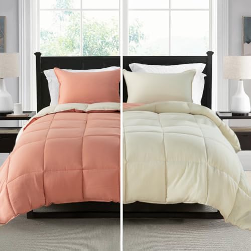KASENTEX Reversible No-Shrink California King Comforter Set with Shams - Stays Fluffy, Ultra Soft, All-Season, Non-Fading Colors, Machine Washable Duvet Insert (Dusty Pink Rose and Beige) Ca
