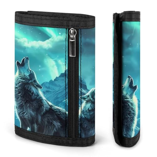 Howling Wolves Moonlight Trifold Wallet for Men Women Wallets with 8 Card Slot Photo Window Key Ring Zippered Pockets3