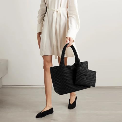 Image of Woven Bag for Women, Large Neoprene Tote Bag Summer Beach Handbag Purse Retro Handmade Travel Shoulder Bag Set