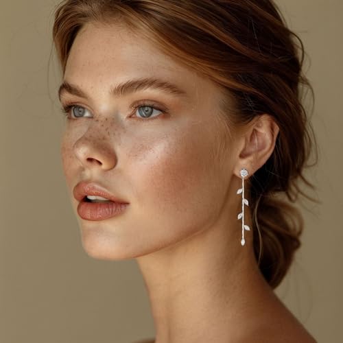 Long Crystal Drop Earrings Dangling Cubiz Zirconia Threader Earrings Crystal Leaf Drop Dangle Earrings for Women Bridal Wedding3