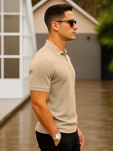 Image of Veirdo Men's Cotton Pique Polo | Premium Zip Neck Casual T-Shirt | Half Sleeve | Black Beauty, Serenity, Wheat, Zephyre