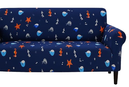 Image of Gurnoor Universal Triple Seater Sofa Cover Big Elasticity Cover for Couch 140 GSM Sofa Slipcover (Fish, 185-230cm), Navy Blue