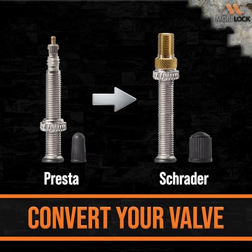 Image of 5 Pcs (+ 10 Caps) Brass Presta Valve Adapter - Convert Presta to Schrader /Auto for All Types of Bikes, e-Bikes and e-Scooters - Inflate Tire Using Standard Pump or Air Compressor - by Mobi Lock