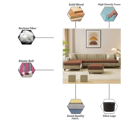Image of Casaliving Garcia LHS 8 Seater L Shape Sofa Set with Ottoman & 2 Puffy for Living Room (Cream Brown Colour) Premium Fabric Sofa Set