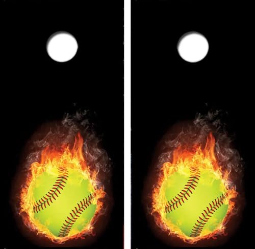 KT Cornhole Wraps Softball on Fire Laminated Cornhole Premium & Long Lasting Wood Material Laminated Weatherproof Vinyl Decal Wraps - Easy Bubble-Free Application Stickers Dimensions 24 x 48
