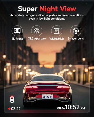Image of REDTIGER 4K+1080P Front and Rear Dash Cam for Car, 5.8GHz WiFi APP, GPS, 2.2''Mini Touch Screen, Voice Control, Built-in 64GB Card, Loop Recording, 24H Parking Mode(A4)