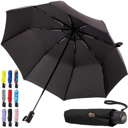 GORILLA GRIP Compact Travel Size Umbrella for Rain, Stick Design Fits Backpack, Purse and Carry On, Lightweight Under 1lb, One Click Open and Close, Wind Resistant, Durable Waterproof Quick Dry, Black