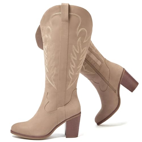 Luoika Women's Extra Wide Calf Cowboy Knee High Boots，Wide Width Cowgirl Boots Chunky Pump Heel Plus Size Western Tall Boots.