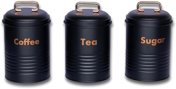 Kitchen Canister Set, Black with Copper Text, Coffee Tea Sugar, 3 Piece, Metal Storage Containers with Lids