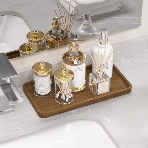 Image of Weenson Bathroom Vanity Tray for Soap Dispenser, Perfume, Makeup, Dresser Jewelry, Decor, Candle, Bamboo Kitchen Tray for Counter Coffee Spice Salt Brown Toilet Tank Tray11.81 inchL x 6.1 inchW x 0.79 inchH