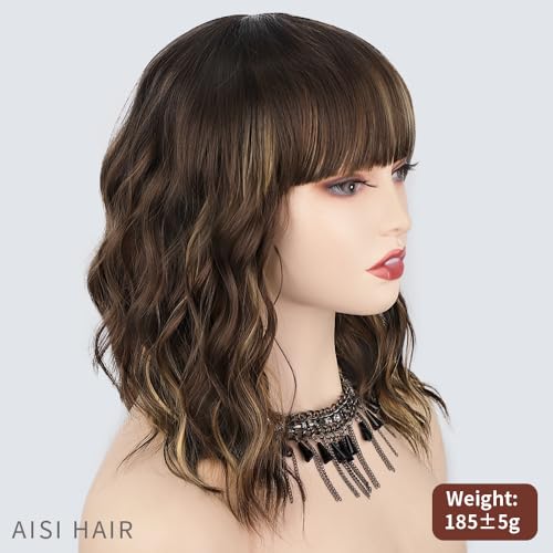 Image of AISI HAIR Synthetic Curly Bob Wig with Bangs Natural Brown with Blonde Highlight Short Wavy Hair for Women Natural Looking Heat Resistant Bob Wigs