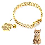 Gold Cat Chain Collar, Gold Diamond Collar Chain for Cat Dog, Glitter Walking Metal Collar with Secure Buckle Paw Charm and Bell, Cuban Jewelry Accessories for Puppy Small Medium Dogs Cats, 10 Inch