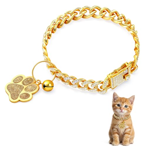Gold Cat Chain Collar, Gold Diamond Collar Chain for Cat Dog, Glitter Walking Metal Collar with Secure Buckle Paw Charm and Bell, Cuban Jewelry Accessories for Puppy Small Medium Dogs Cats, 10 Inch