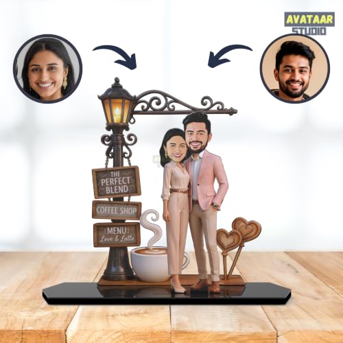Image of Wood Rectangular Personalized Caricature Gift for Couple, 7 Inches, Tabletop Multicolor, Art Deco Style (COUPLE 14)