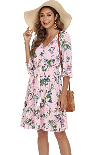 Image of VintageClothing Women's Floral Sundresses Flowy Boho Summer Beach Dress | Lightweight Breathable material,Elegant V Neck and Button Front Design,Flared Bell Sleeve Cut,Mini Casual dress