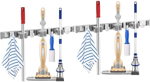 Piyl Broom Mop Holder Wall Mount, Hanger Mounted Metal Organization Garage Storage Garden Kitchen Tool Organizer for Home Goods (3 Racks 4 Hooks 2 Pack)