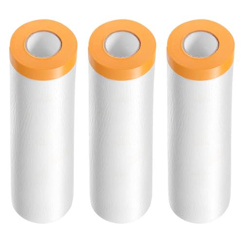 Image of HARFINGTON 3 Rolls Pre-Taped Masking Film 118.1 inch x65.6ft Tape and Drape Painters Plastic Drop Cloth Film with Tape Plastic Sheeting for Automotive Painting Covering