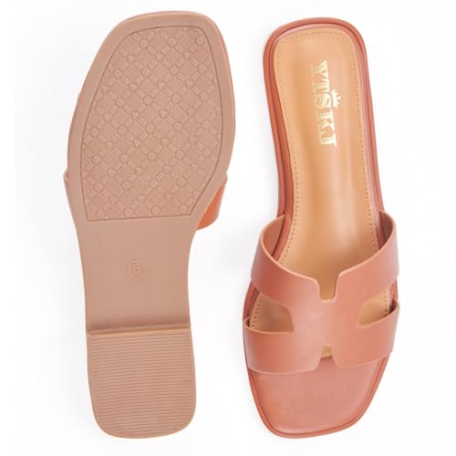 Sandals for Women 2025 Dressy Cute Summer Flat Slides Comfortable Soft Leather for Ladies Casual Square Open Toe Slip On Beach Sandals2
