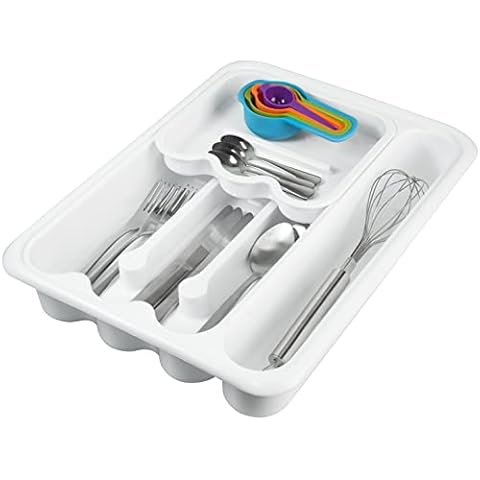 Carrotez Kitchen Drawer Organizer, Kitchen Utensil Organizer, Adjustable Silverware Drawer Organizer with Compartments, Multi-Purpose, Non Slip, BPA Free, White Cover