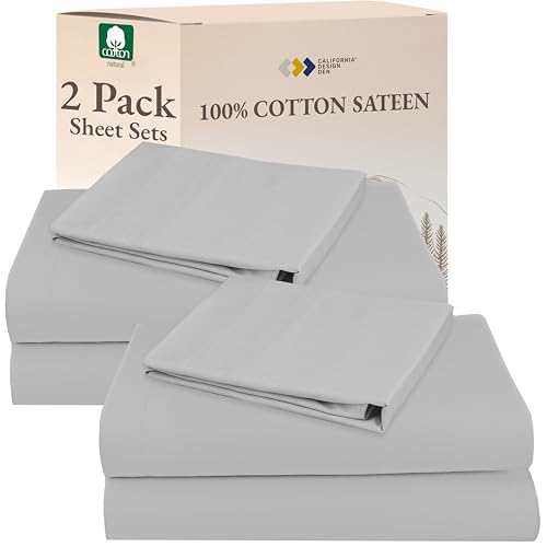 Image of California Design Den 100% Cotton Pack of 2 Twin XL Sheet Sets, Soft & Durable Extra Long Twin Bed Sheets with 12 inch Pockets, Twin XL Sheets with Sateen Sheets (Light Grey)