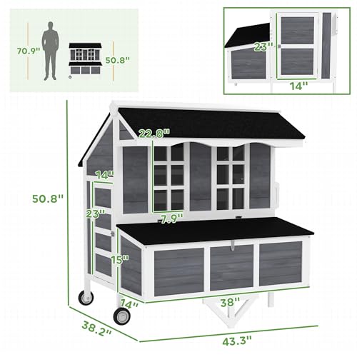 Image of PawHut 43 inch Chicken Coop with Wheels, Mobile Chicken House with Nesting Box, Windows, Pull-Out Tray, Perches, Wooden Chicken Tractor for 2-4 Hens, Rabbits, for Backyard, Patio, Gray