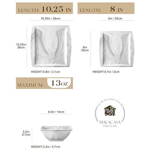MALACASA-Plates-and-Bowls-Sets-12-Piece-Porcelain-Dinnerware-Sets-for-4-Square-Plates-and-Bowls-for-Dessert-Salad-and-Soup-Ceramic-Dishes-Dining-Dishware-Set-Marble-Grey-Series-Blance