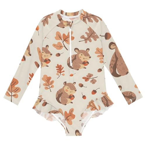 Girls One Piece Swimsuits Long Sleeve Swimsuit Zipper Bathing Suits Squirrel Acorns Beige