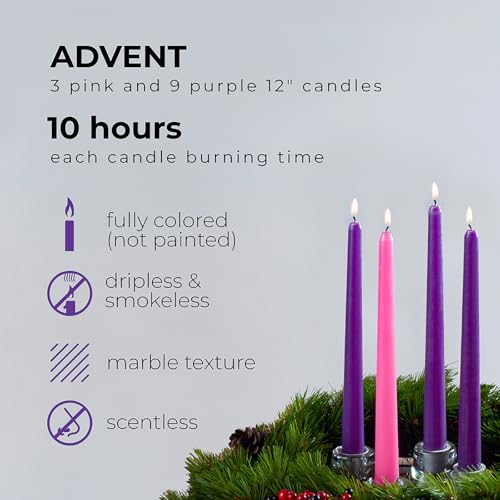 CANDWAX 12 Inch Advent Taper Candles Set of 12 - Long Burning Dripless Unscented Tapers - Perfect for Advent Wreaths, Christmas Décor - 9 Purple Tapers, 3 Pink Tapered Candles
