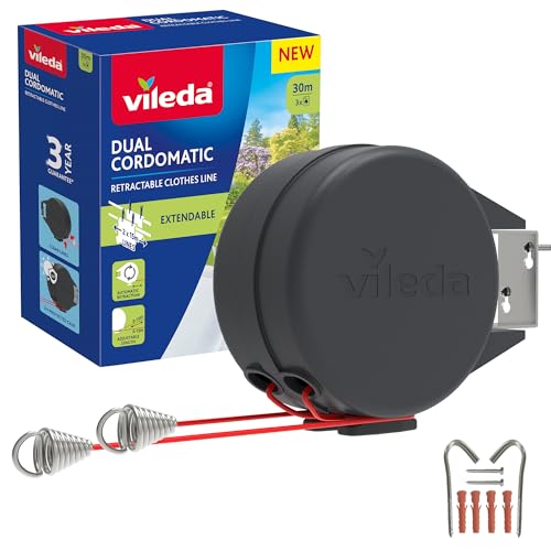 Vileda Corde à Linge rétractable Double Cordomatic - 30 m - 2 x 15 m - Peut Supporter jusqu'à 30 kg - Rétraction Automatique - Solide et Durable - Fixation...