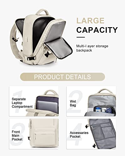 Carry On Backpack for Women, Airline Approved Large Travel Backpack Flight Approved, Waterproof 17 Inch Laptop Backpack Business Work Backpacks Bag Men Beige Mochila De Viaje