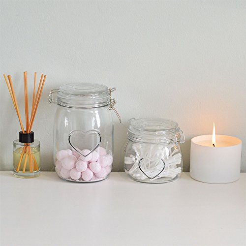 Nicola Spring Heart Shaped Glass Storage Jar with Airtight Clip Lid - 500ml - 1 Pack - 4 Colour Seals - Kitchen Vintage Round Preserving Container for Pickling, Chutney, Jam, Coffee, Oats