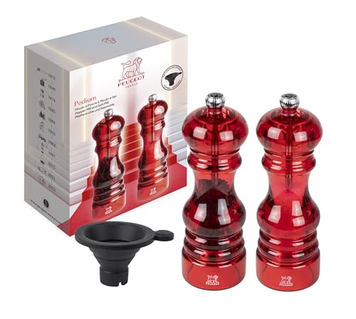 PEUGEOT - Set Nancy Pfeffermühle + Salzmühle 18 cm - Silikontrichter, 1 Packung mit Trockensalz & 1 packung mit schwarzem Tan Hoi-Pfeffer inklusive - Französisches Know-how - Acryl - Rot transparent