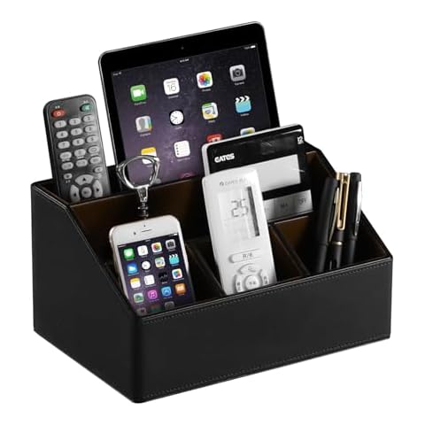 MEIBOOCH PU Leather Desk Organizer, Luxury Remote Control Holder for Home, Office Desk Accessories Table Caddy Bedside Nightstand Organizer (Black) Cover